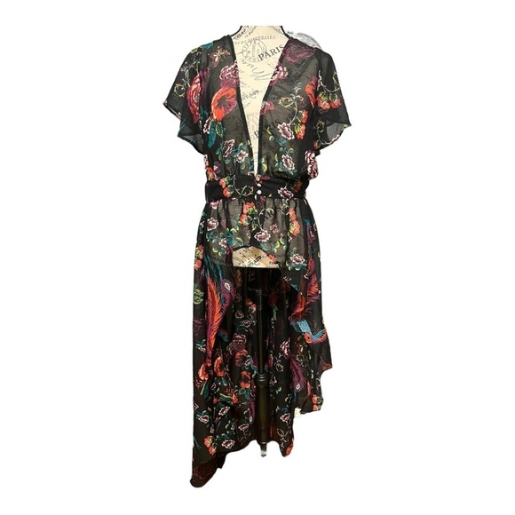 TRUTH Floral Chiffon Ruffled Hi/Lo Button 2X Top Black Multi-Color Lightweight - Picture 4 of 13